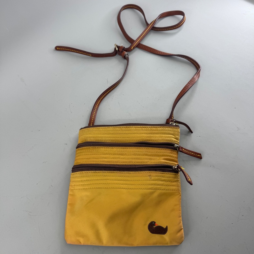 Dooney & Bourke Women Nylon Triple Zip Crossbody Bag Leather Trim Yellow Small